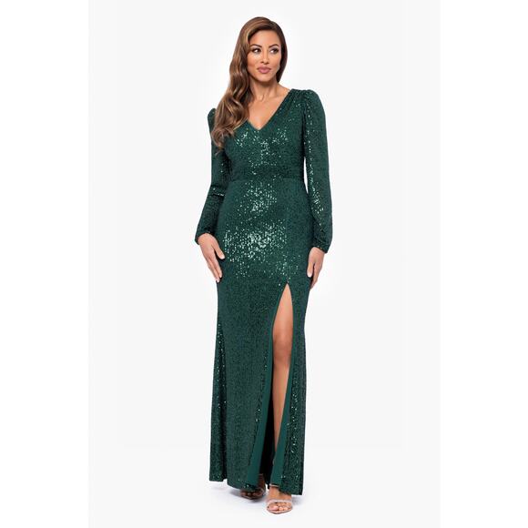 Xscape Evenings Women's 6 Hunter Farley Sequined Long Sleeve Maxi Dress L13-15 - Picture 1 of 8